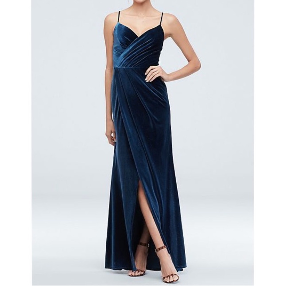 David’s Bridal Dark Blue Shimmer Velvet Faux Wrap Sleeveless Bridesmaid Gown